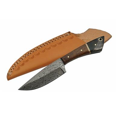 Couteau Damas Skinner Lame Acier 256 Couches Manche Walnut/Horn Etui Cuir DM1123HN - Free SHipping