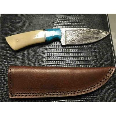 DM1186 Couteau Bowie Damas 256 Couches Manche Os/Turquoise Etui Cuir - Livraison Gratuite