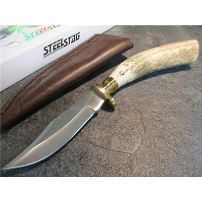 Skinner Couteau de Chasse Hunter Acier Carbone Manche Bois de Cerf Etui Cuir SS7015 - Free Shipping