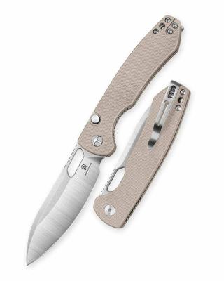 BTKMK05B — Couteau Bestechman Firebird Lame Acier D2 Drop Point Satin + Black PVD Manche Plaquettes G10 Tan Button Liner Lock Thumb Hole - Livraison Gratuite