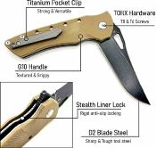 HBKBLKBT Heibel Knives - Couteau Blackhawk Desert Tan Manche G-10 Lame Acier D2 Clip Point Linerlock - Livraison Gratuite